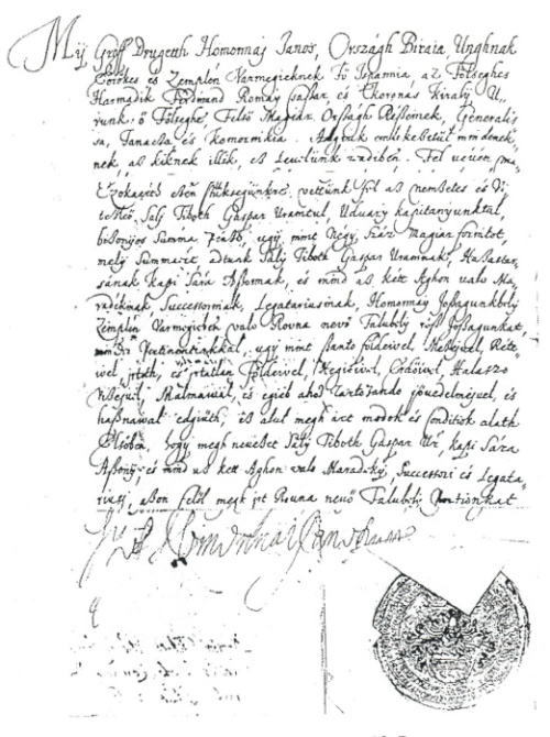 Úryvok zmluvy s podpisom a pečaťou grófa Drugeta